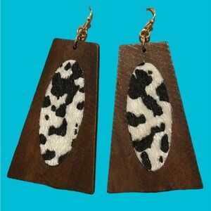 Wood with Faux Hide Inlay Dangle Earrings